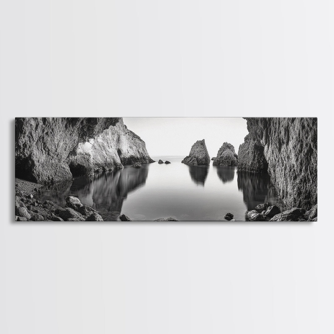 Sea Cave View, Ocean Reflections, Nature Escape, Framed Canvas Print, Beach House Wall Art, Zen Decor, Black and White Coastal Style