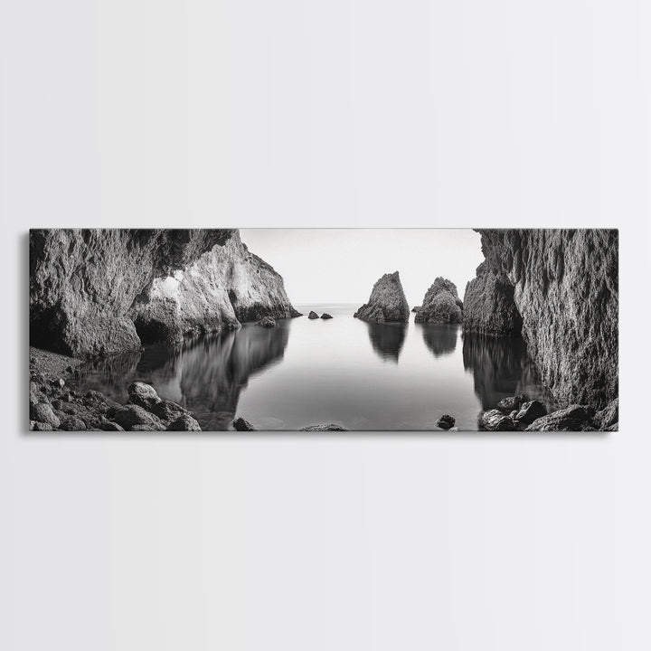 Sea Cave View, Ocean Reflections, Nature Escape, Framed Canvas Print, Beach House Wall Art, Zen Decor, Black and White Coastal Style