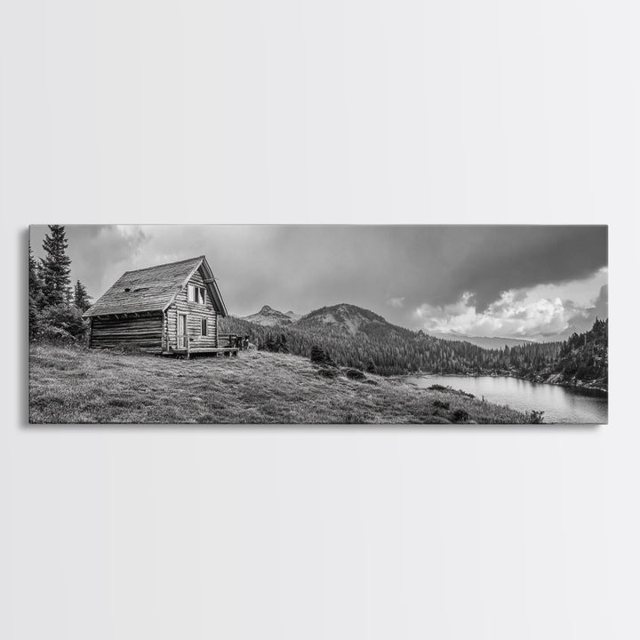 Cabin On Hill, Mountain Lake, Rustic Retreat, Canvas Print, Fall Wall Art, Cozy Home Decor, Adventure Landscape, Nature-Inspired Design