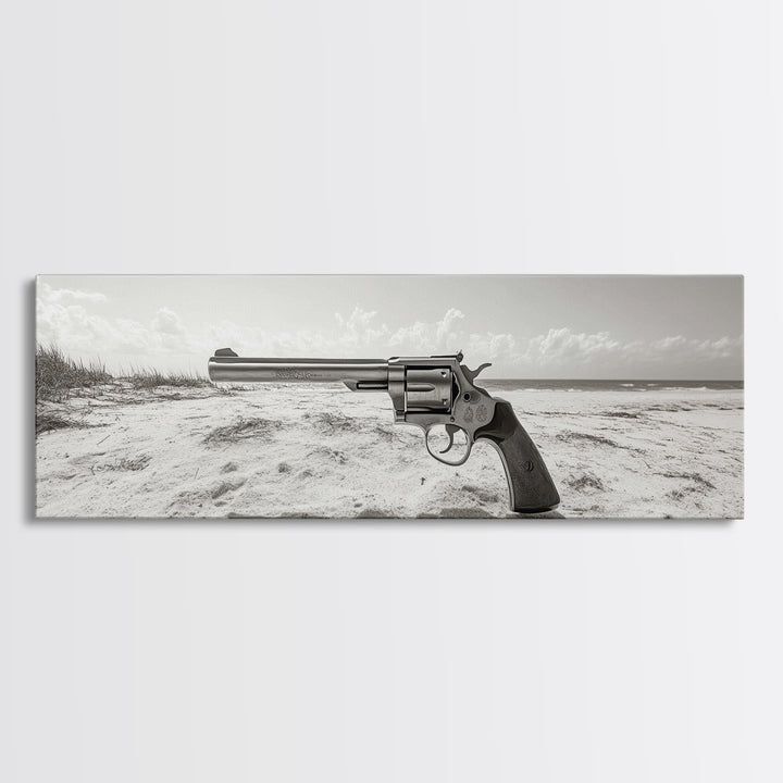 Revolver On Beach, Western Vibes, Americana Style, Framed Canvas Print, Man Cave Wall Art, Bold Statement Decor, Coastal Contrast