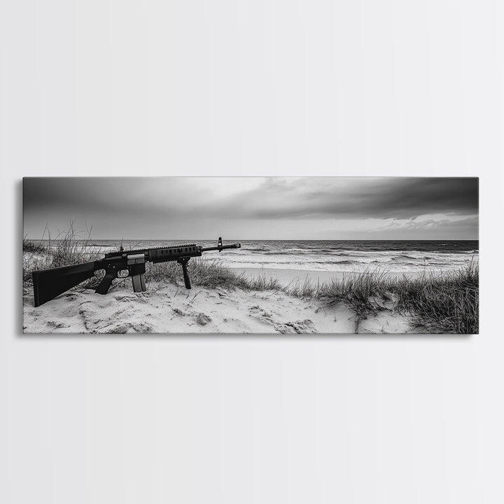 Rifle Seaside Scene, Tactical Still Life, Stormy Beach Mood, Canvas Print, Industrial Wall Art, Dramatic Photography, Masculine Decor