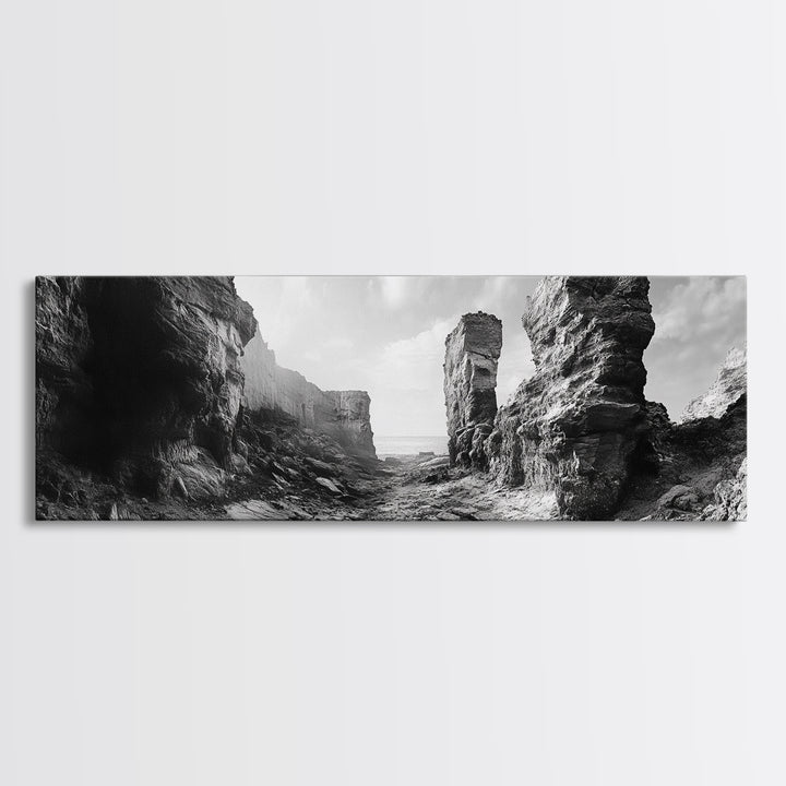 Coastal Rock Passage, Ocean Cliffside Art, Natural Texture Photography, Framed Canvas Print, Bathroom or Hallway Wall Art