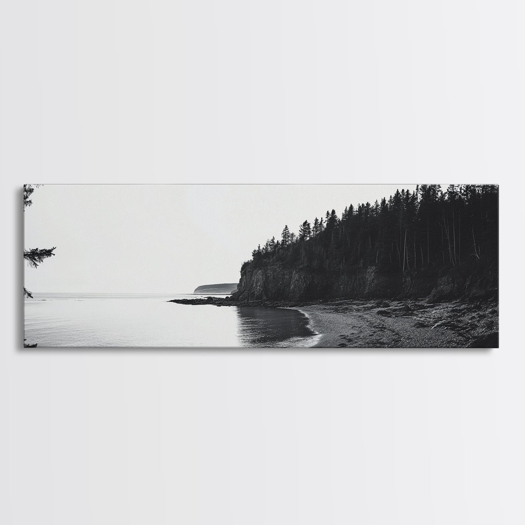 Forest Cliffs, Quiet Bay, Monochrome Coast, Canvas Print, Nature Photography, Modern Rustic Wall Art, Entryway or Office Decor