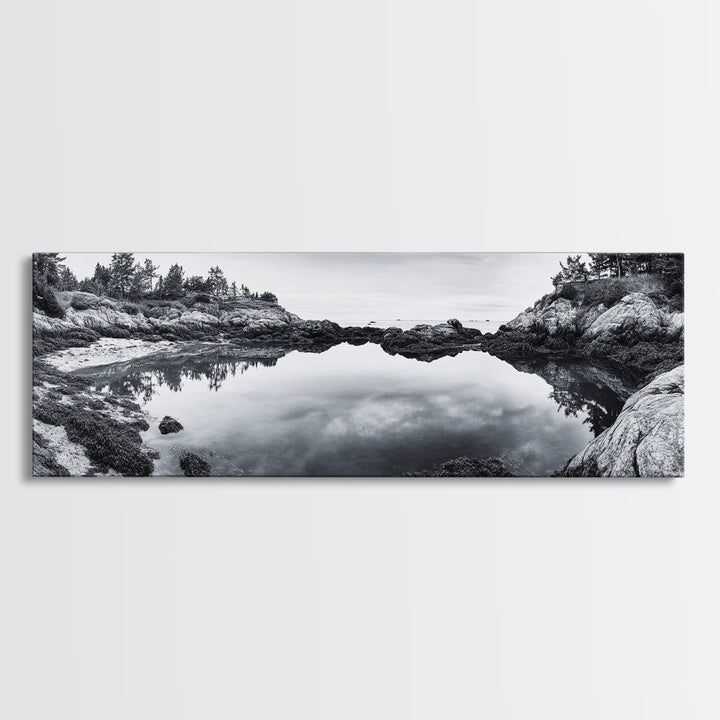 Coastal Reflections, Tide Pool, Rocky Shoreline, Framed Canvas Print, Seaside Nature Art, Minimalist Coastal Decor, Zen Bathroom Art