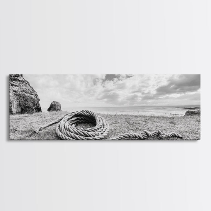 Coastal Rope, Windswept Bluff, Seaside Grass, Framed Canvas Print, Beach House Art, Nautical Decor, Neutral Living Room Style