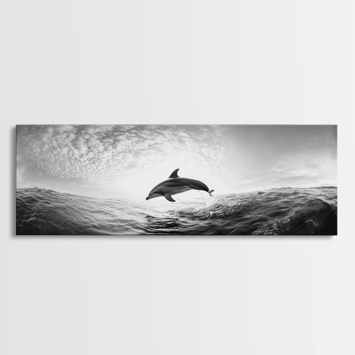 Ocean Dolphin Jump, Seascape Art, Black White Photography, Coastal Wall Decor, Canvas Print, Minimalist Bathroom Wall Art, Nautical Style