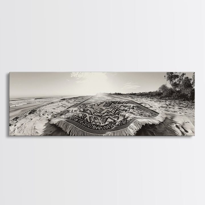 Boho Blanket, Sunrise Beach, Woven Textile, Framed Canvas Print, Bohemian Wall Art, Minimalist Bedroom Decor, Coastal Living Style