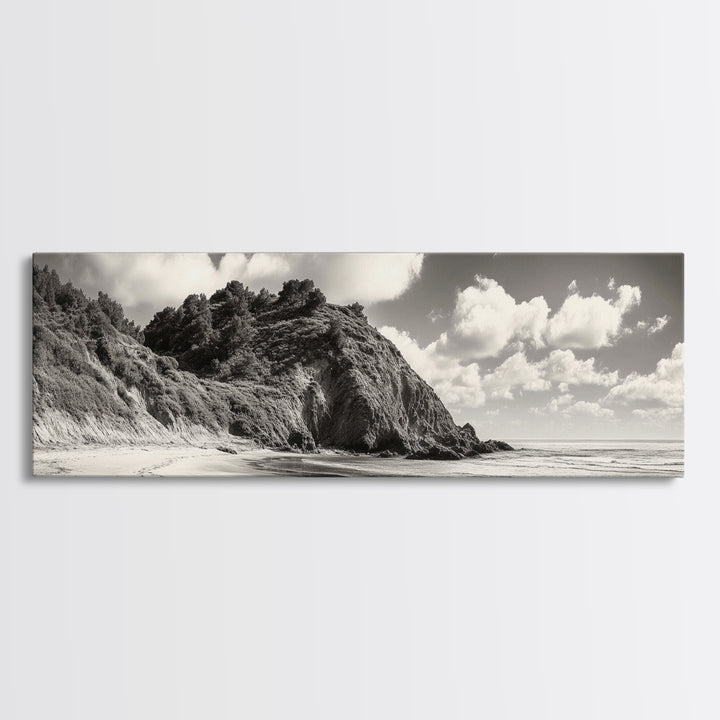 Seaside Cliff, Pine Hills, Sandy Beach, Canvas Print, Coastal Landscape Art, Modern Nature Decor, Beach House Living Room Style