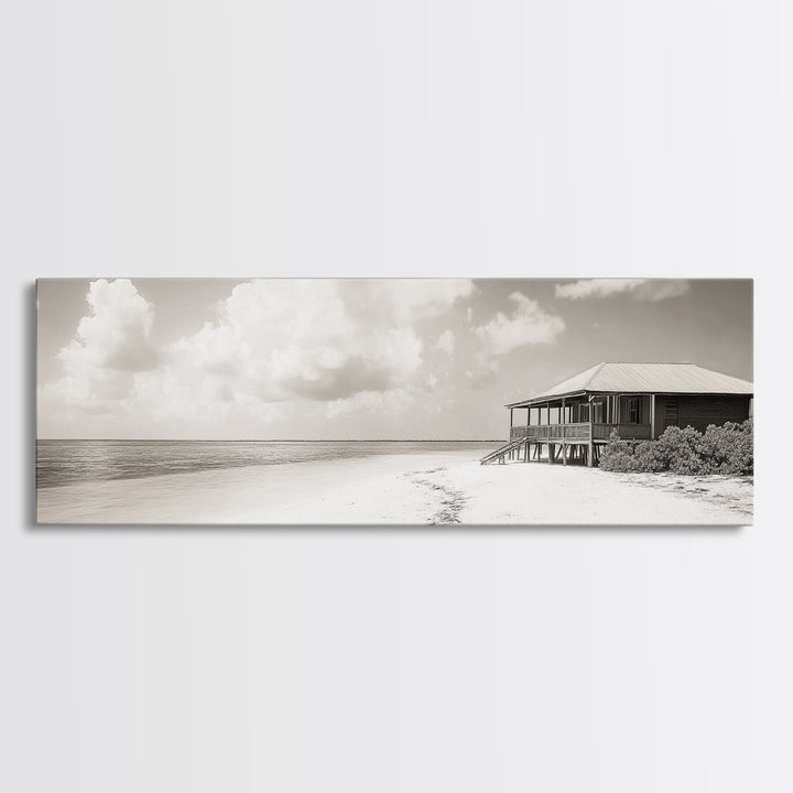 Beach House, Secluded Shore, Calm Waters, Framed Canvas Print, Coastal Wall Art, Minimalist Living Room Decor, Vacation Vibes