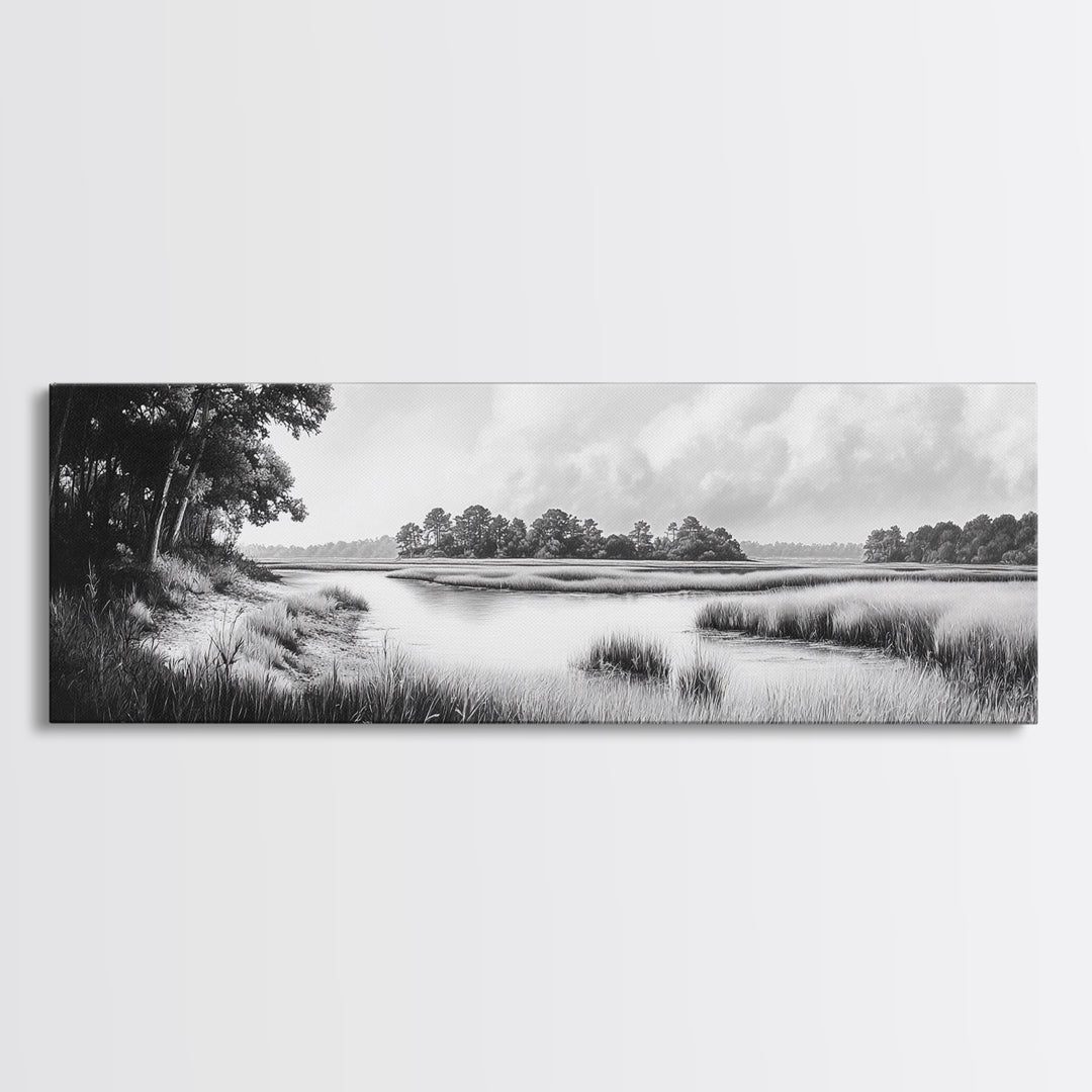 Marsh Scene, Grassy Shore, Tree Lined Path, Canvas Print, Nature Landscape Art, Rustic Cabin Decor, Peaceful Living Room Style