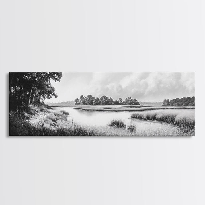 Marsh Scene, Grassy Shore, Tree Lined Path, Canvas Print, Nature Landscape Art, Rustic Cabin Decor, Peaceful Living Room Style
