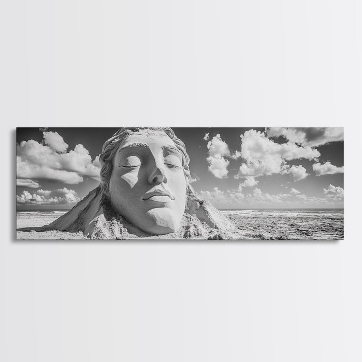 Sand Sculpture Head, Beach Goddess, Coastal Calm, Surreal Beauty, Framed Canvas Print, Modern Wall Art, Living Room Decor, Minimalist Art