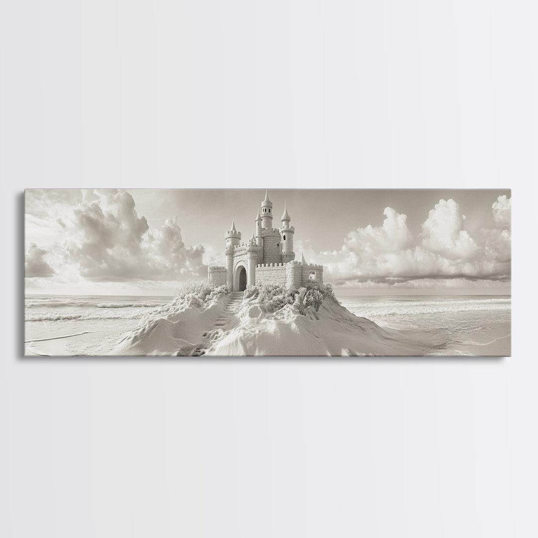 Fantasy Sand Castle, Seaside Kingdom, Dreamy Beach Scene, Magical Vibes, Framed Canvas Print, Kids Room Art, Whimsical Decor, Coastal Theme