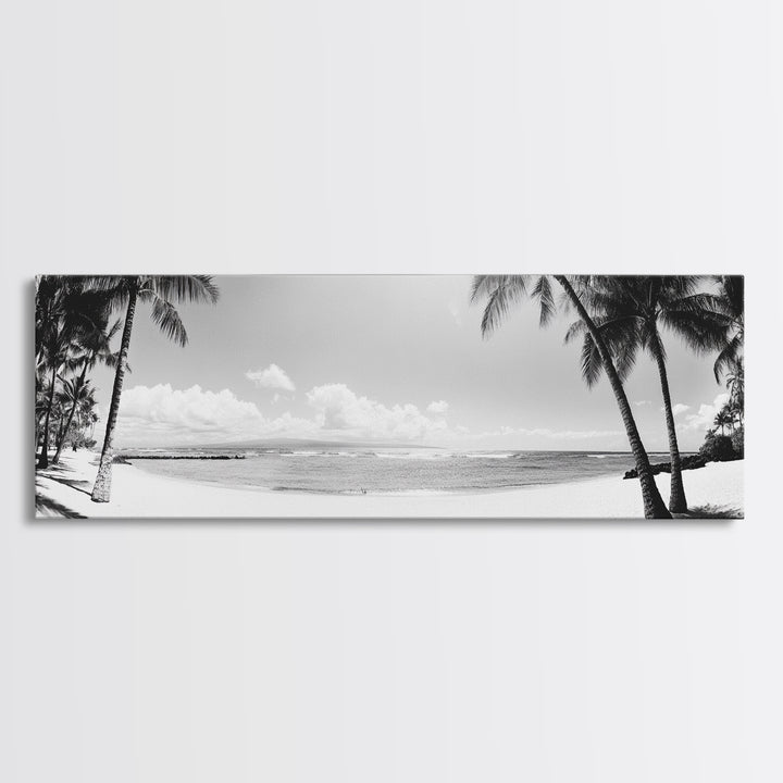 Tropical Beach Scene, Palm Tree Horizon, Ocean Serenity, Island Life, Framed Canvas Print, Coastal Wall Art, Living Room Decor, Minimalist Vibe