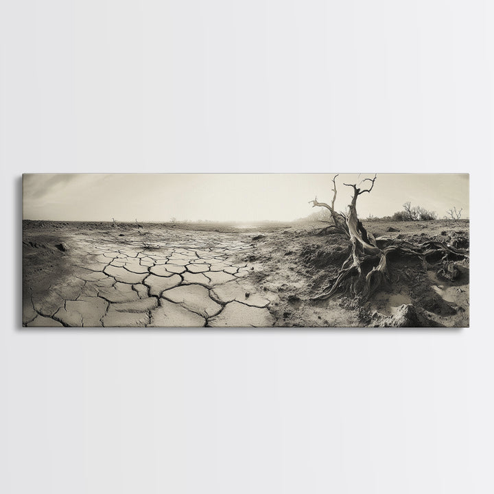 Cracked Earth Drought, Barren Landscape, Nature Drama, Earth Tones, Framed Canvas Print, Fall Wall Art, Study Room Decor, Minimalist Style