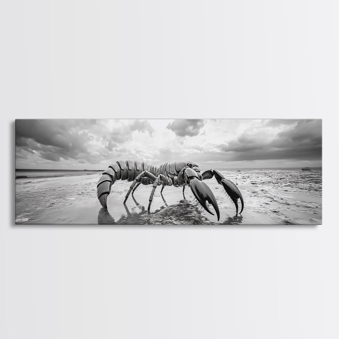 Giant Scorpion Beach, Surreal Creature, Dark Fantasy, Ocean Monster, Framed Canvas Print, Halloween Wall Art, Teen Room Decor, Bedroom Art