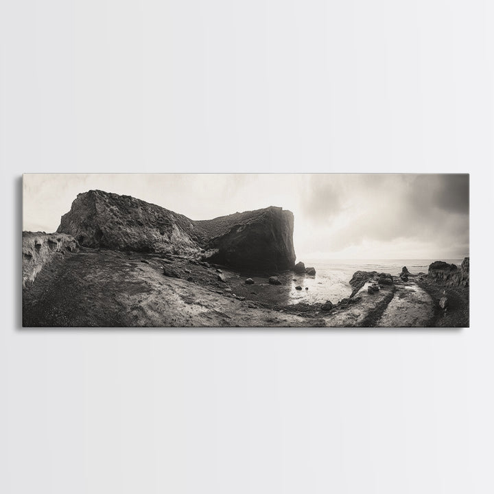 Rocky Coastal Path, Ocean Horizon View, Canvas Print, Neutral Earth Tones, Rustic Wall Art, Beach Landscape Photography, Grunge Nautical Art