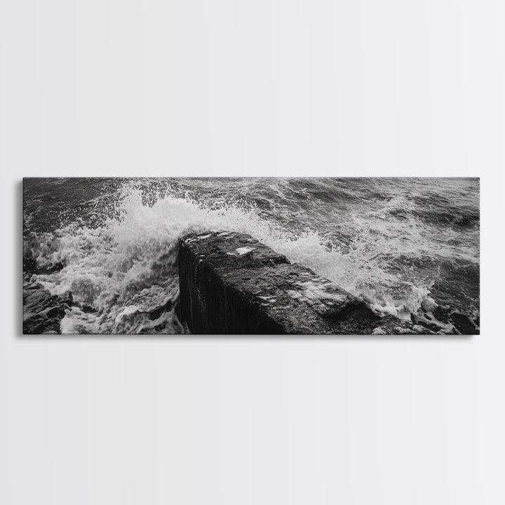 Crashing Waves Rock, Coastal Seascape, Ocean Photography, Black White Art, Framed Canvas Print, Nautical Bathroom Wall Decor