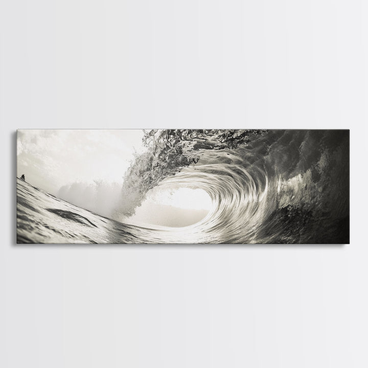 Ocean Barrel Wave, Surf Photography, Coastal Decor, Sepia Framed Canvas Print, Modern Beach House Bathroom or Living Room Wall Art