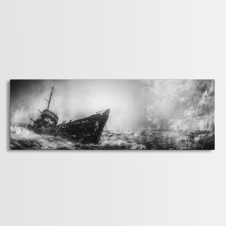 Abandoned Shipwreck Storm, Dark Sea Drama, Grunge Nautical Art, Framed Canvas Print, Industrial Office or Man Cave Wall Decor