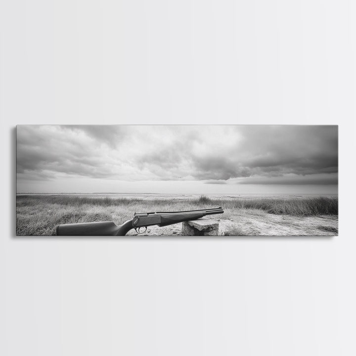 Coastal Rifle Scene, Outdoorsman Decor, Field and Sky Black and White Framed Canvas Print, Autumn Cabin or Lodge Wall Art