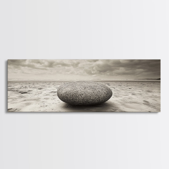 Round Beach Boulder, Serene Shore, Natural Simplicity, Neutral Toned Framed Canvas Print, Minimalist Living Room or Yoga Wall Art