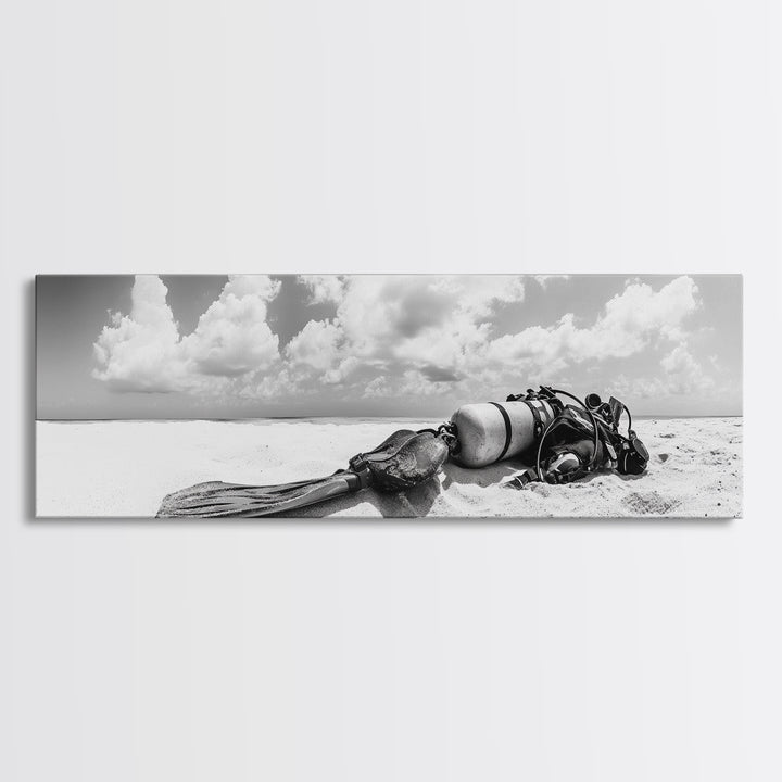 Scuba Gear, Deserted Beach, Ocean Explorer, Framed Canvas Print, minimalist beach decor, scuba diver gift, ocean wall art, travel lover art
