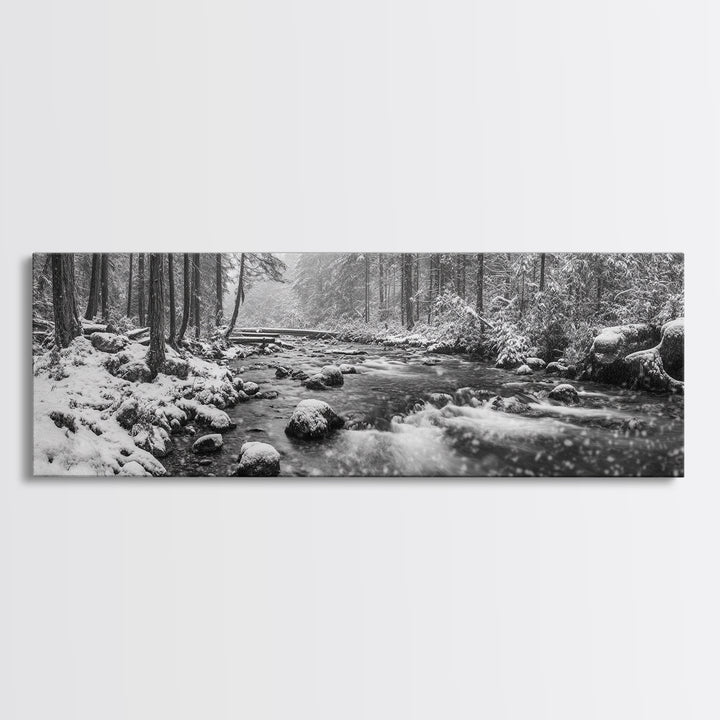 River Stream, Snow Forest, Winter Tranquility, Canvas Print, cozy cabin art, hygge home decor, Christmas wall art, woodland minimalist art