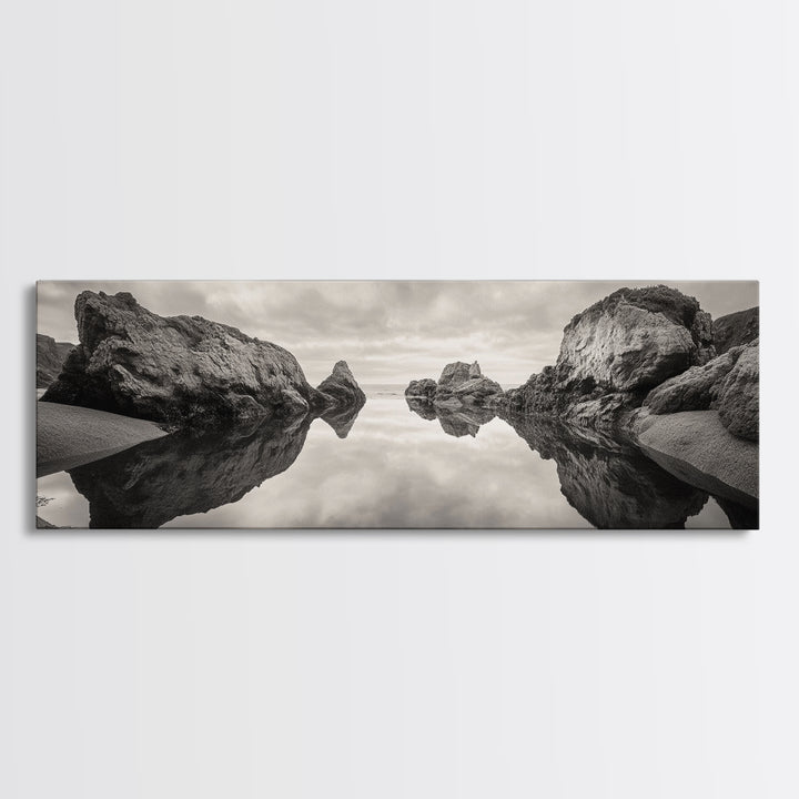 Rock Reflection, Coastal Tranquility, Nature Mirror, Framed Canvas Print, black and white coastal art, zen bathroom decor, moody ocean wall art
