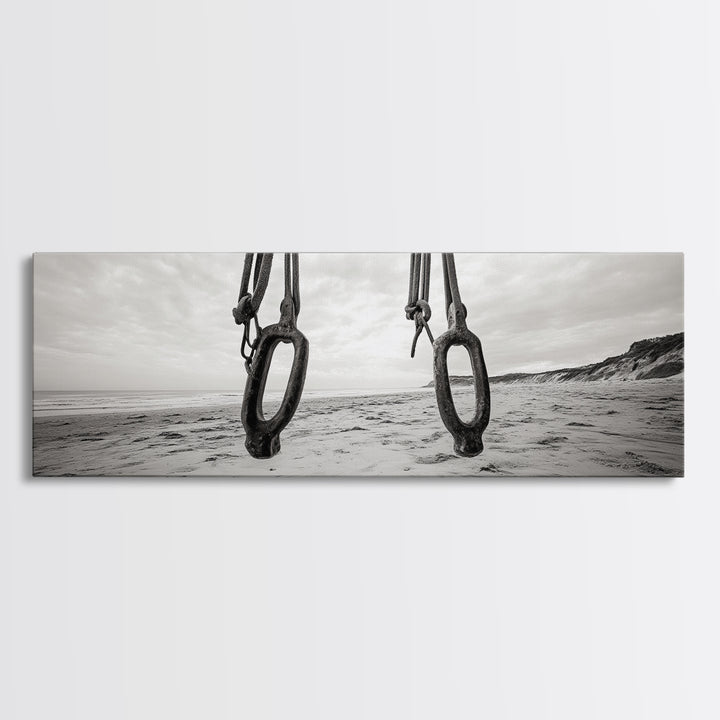 Nautical Swing, Beach Ropes, Seaside Minimalism, Canvas Print, black and white beach decor, coastal hallway wall art, maritime rustic style