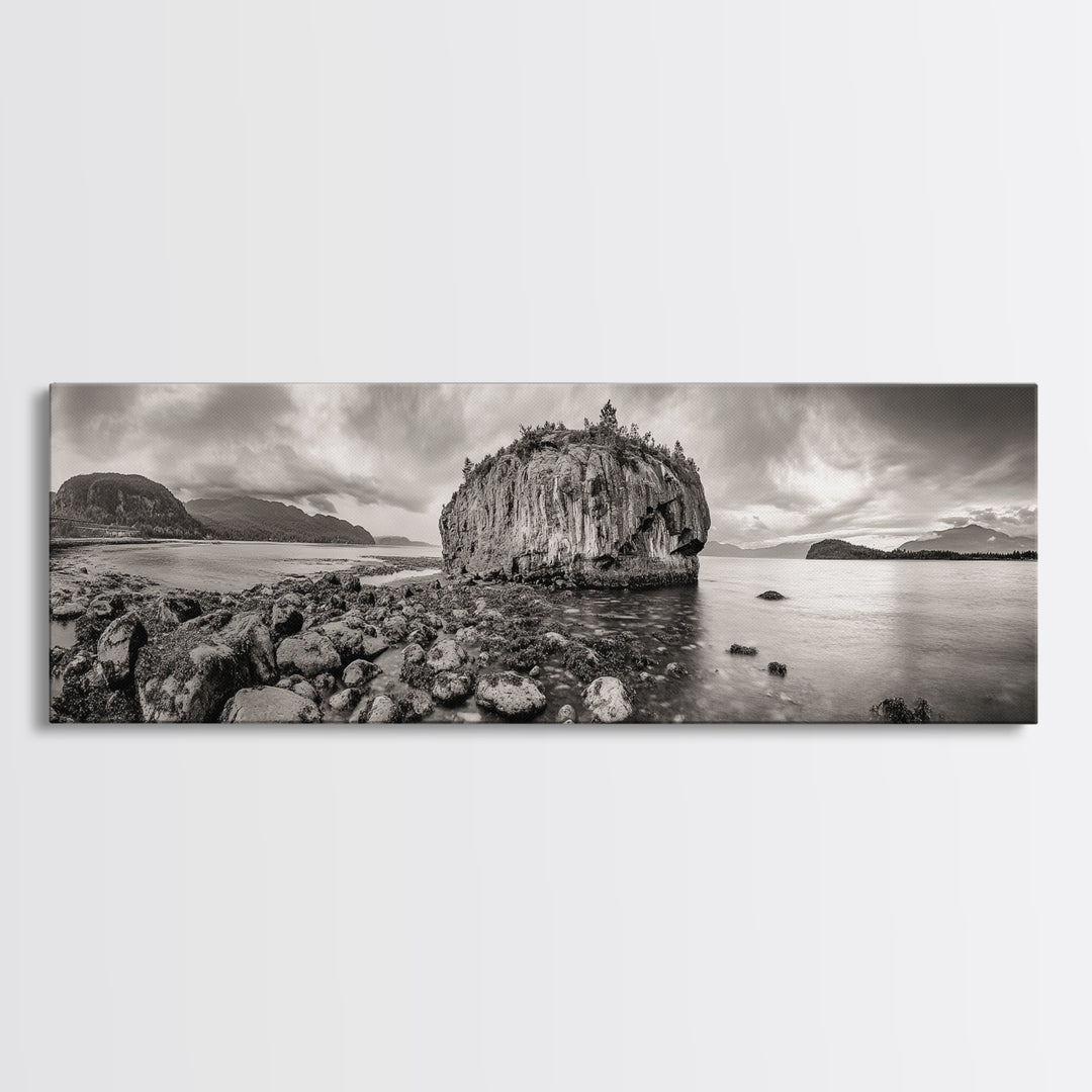 Island Shoreline, Rocky Coast View, Monochrome Nature, Framed Canvas Print, coastal kitchen decor, moody mountain beach wall art