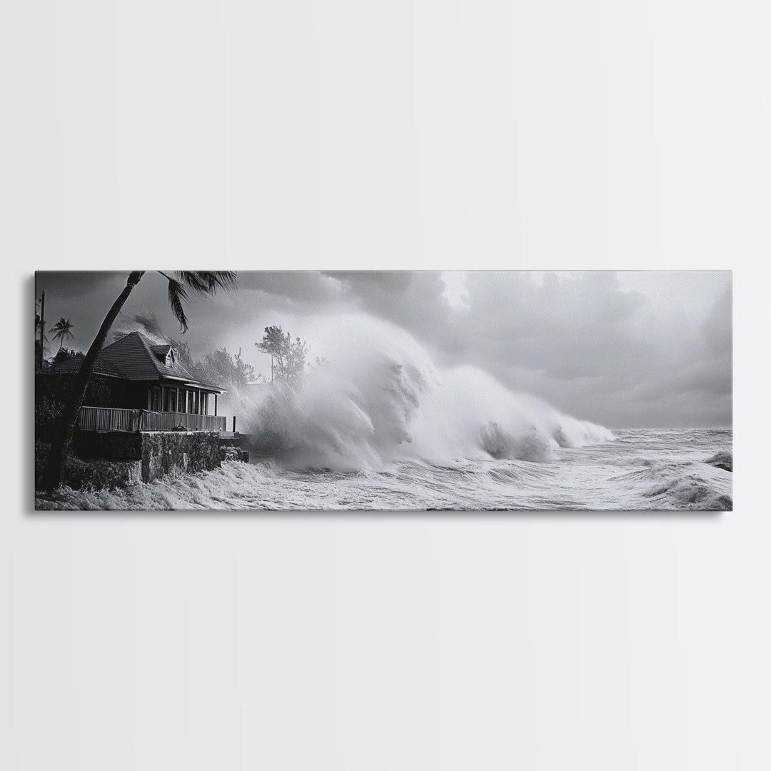 Stormy Waves, Ocean Fury, Tropical Housefront, Canvas Print, dramatic coastal decor, fall storm wall art, modern living room statement