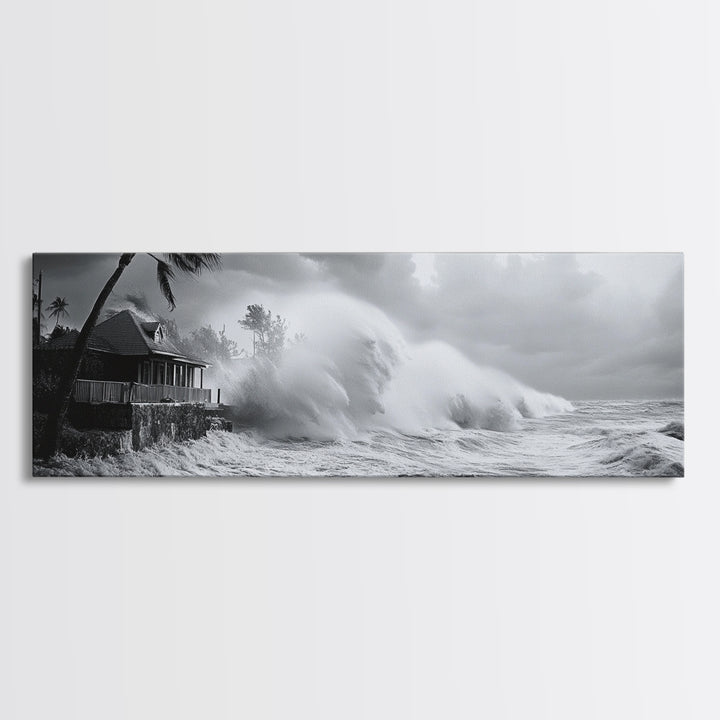 Stormy Waves, Ocean Fury, Tropical Housefront, Canvas Print, dramatic coastal decor, fall storm wall art, modern living room statement