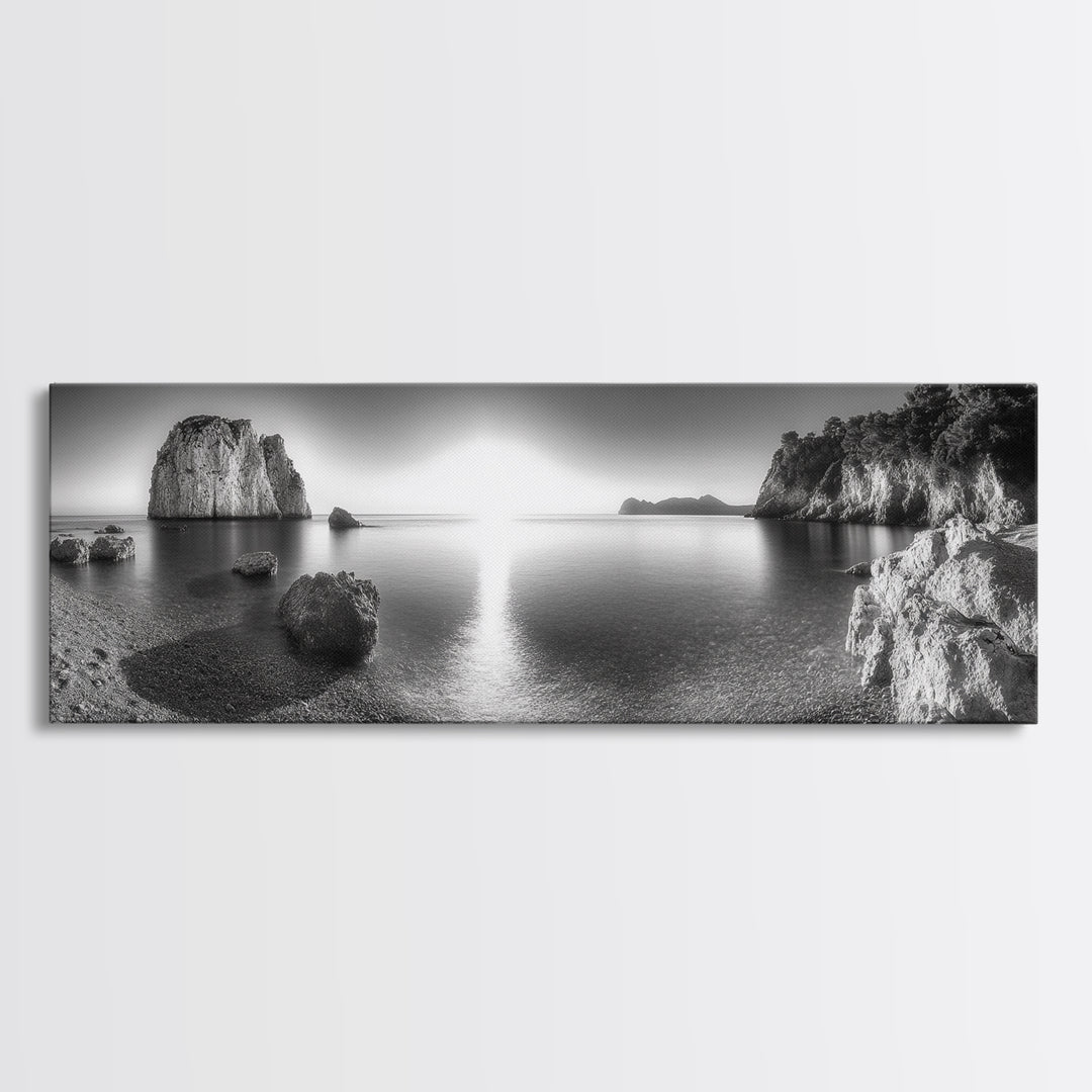 Seaside Sunrise, Rocky Beach Calm, Coastal Light, Canvas Print, peaceful ocean decor, minimalist sunrise wall art, zen meditation space