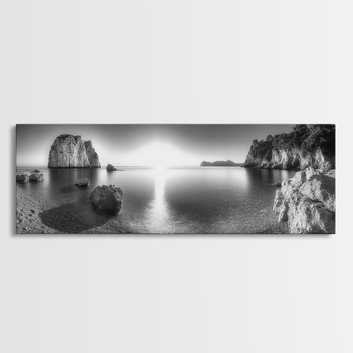Seaside Sunrise, Rocky Beach Calm, Coastal Light, Canvas Print, peaceful ocean decor, minimalist sunrise wall art, zen meditation space
