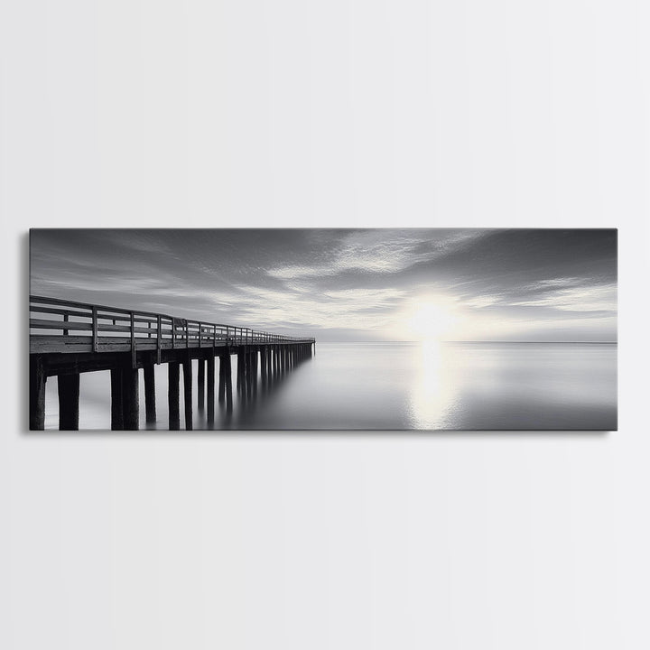 Ocean Pier, Tranquil Horizon, Serene Seascape, Framed Canvas Print, black and white beach wall art, bedroom coastal minimalism