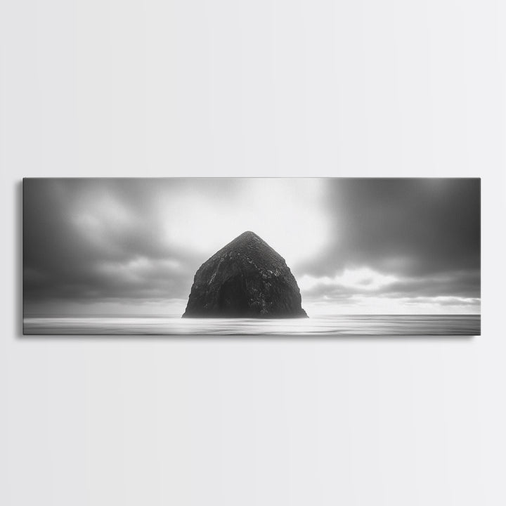 Seaside Rock Monolith, Ocean Landscape, Dramatic Sky Photography, Framed Canvas Print, Moody Wall Art, Minimalist Home Decor