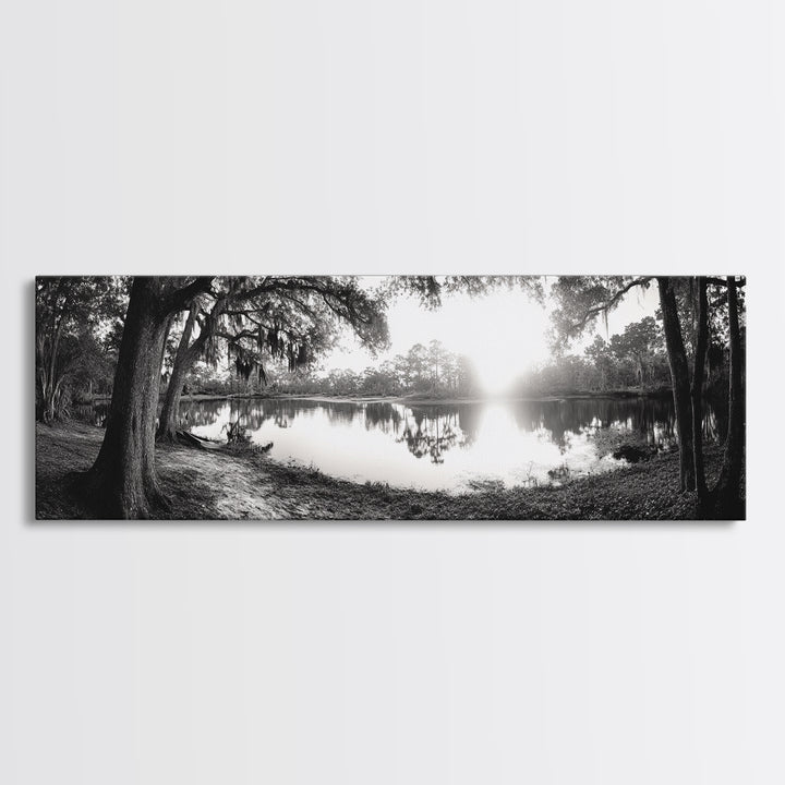 River Sunset, Mossy Trees, Tranquil Reflection, Framed Canvas Print, southern forest wall art, peaceful living room decor, rustic boho vibe