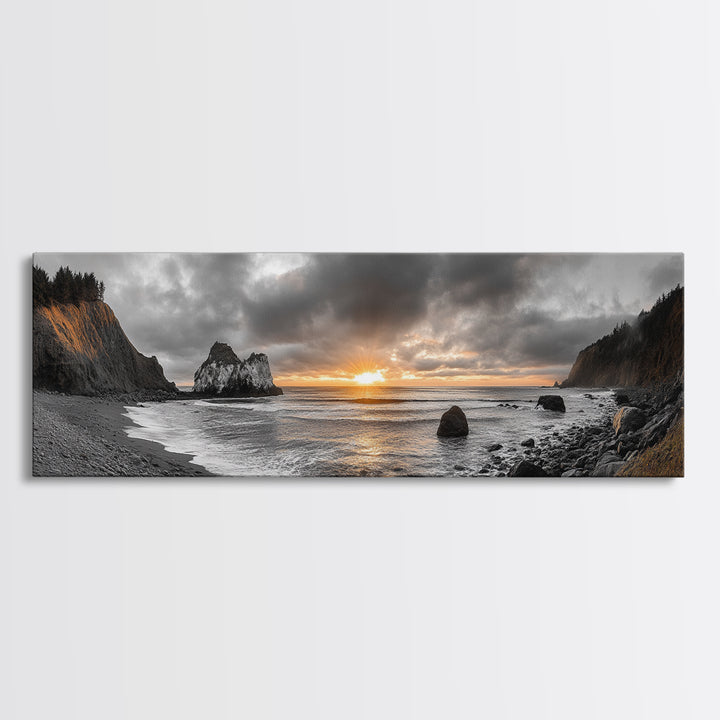 Ocean Sunset, Rocky Shore, Dramatic Coast, Canvas Print, fall beach wall art, earthy coastal home decor, nature photography, den artwork