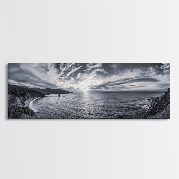 Cloudy Horizon, Wide Ocean View, Coastal Cliffs, Framed Canvas Print, dramatic seascape wall art, coastal kitchen decor, black and white