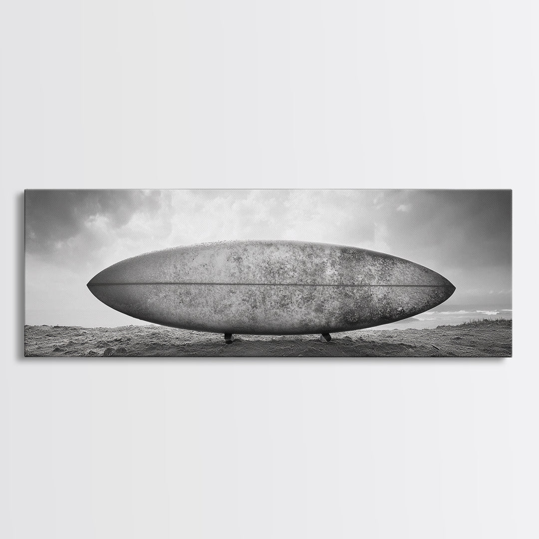 Surfboard Alone, Beach Sand, Cloudy Sky, Framed Canvas Print, minimalist surf art, coastal man cave decor, surf lover gift idea