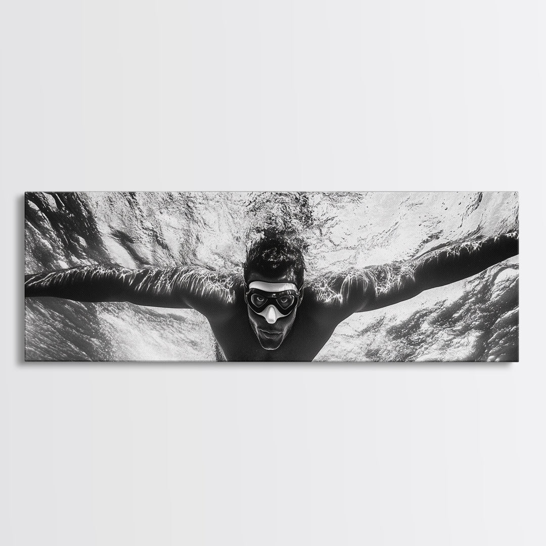 Underwater Swim, Black White Diver, Ocean Exploration, Canvas Print, modern bathroom wall art, sporty fitness vibe, minimalist ocean style