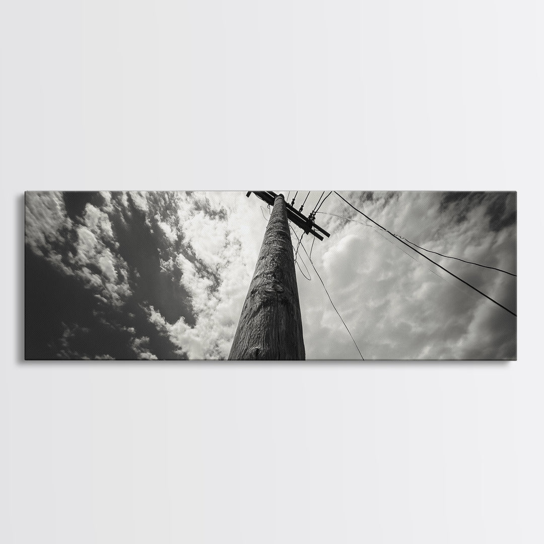Utility Pole Sky, Urban Minimalism, Power Lines, Framed Canvas Print, Industrial Wall Art, Office Decor, Monochrome Photography