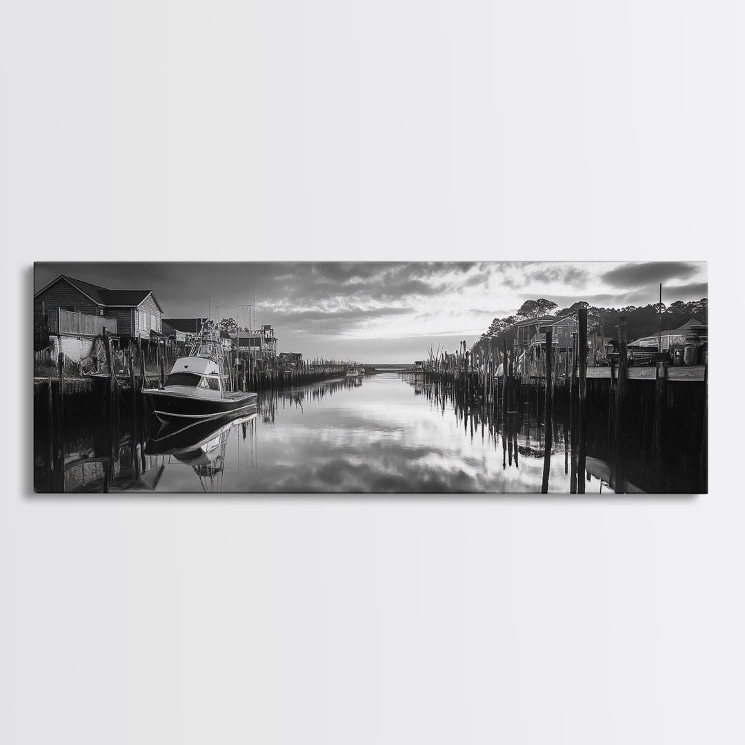 Fishing Dock, Quiet Marina, Waterside Village, Canvas Print, Nautical Wall Art, Lake House Decor, Black and White Photography