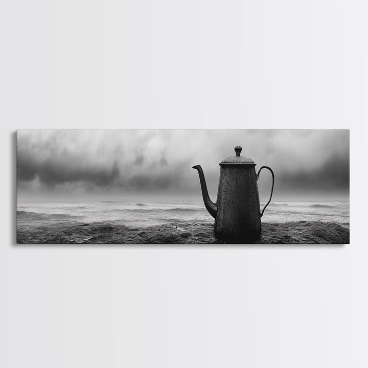 Coastal Teapot Still, Nautical Decor, Ocean Photography, Minimalist Kitchen Art, Canvas Print, Monochrome Style, Beach House Art