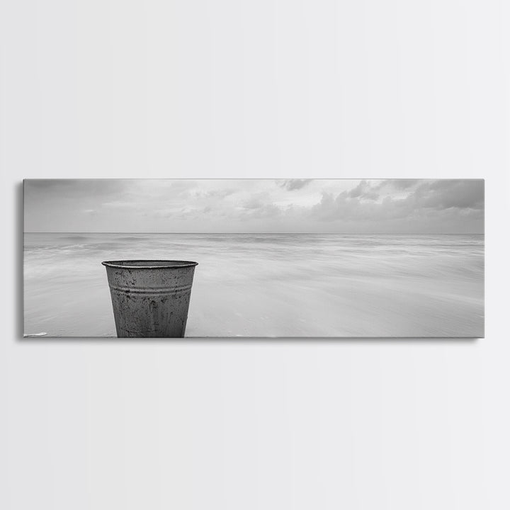 Seaside Metal Pail, Coastal Minimalism, Black White Art, Modern Bathroom Art, Framed Canvas Print, Tranquil Ocean Wall Decor
