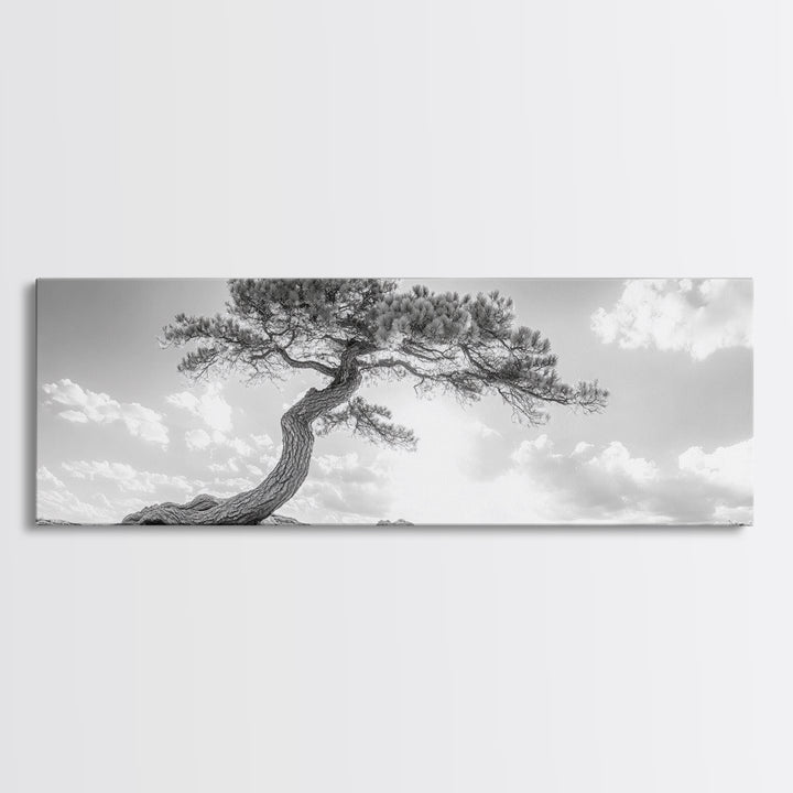 Lone Curved Tree, Zen Nature Print, Minimalist Landscape, Calming Decor, Framed Canvas Print, Bedroom Wall Statement