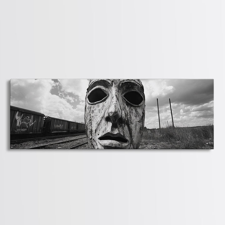 Abandoned Train Mask, Urban Surrealism, Monochrome Street Art, Modern Edgy Decor, Framed Canvas Print, Industrial Room Style