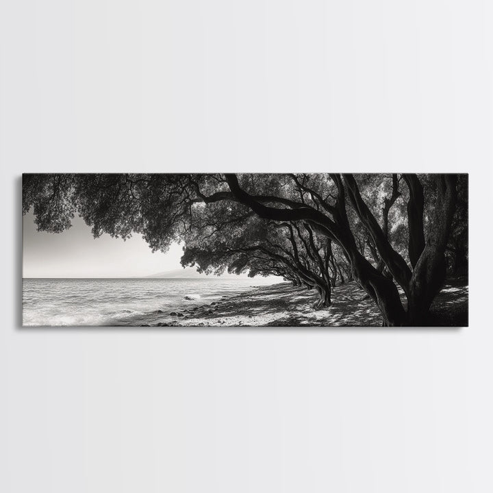 Ocean Trees, Shoreline Light, Majestic Forest, Beach Scene, Framed Canvas Print, Boho Wall Decor, Bedroom Art, Zen Coastal Artwork