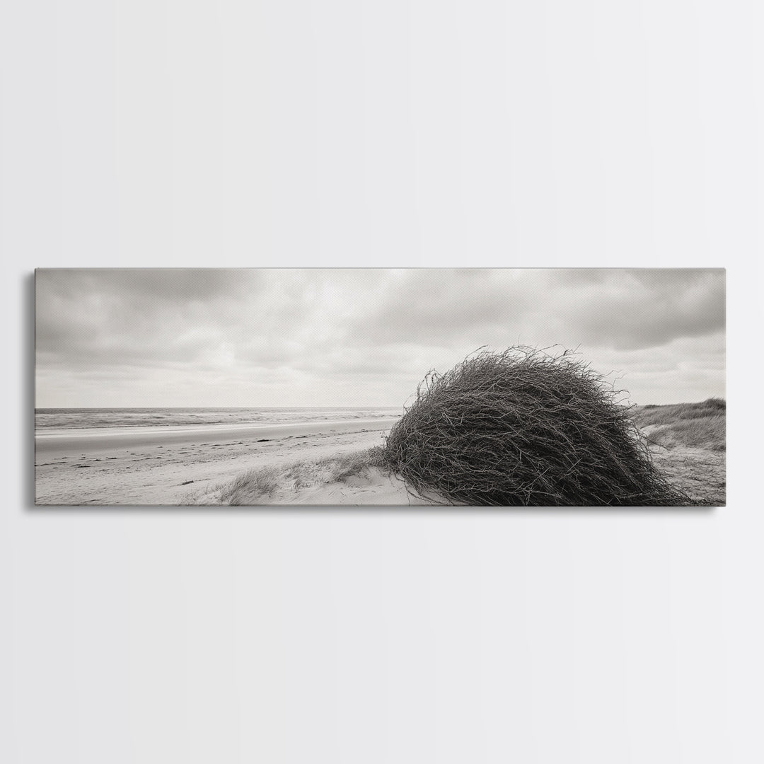 Windswept Dunes, Coastal Brush, Tumbleweed Form, Beach Nature, Framed Canvas Print, Fall Wall Art, Rustic Decor, Neutral Bedroom Style